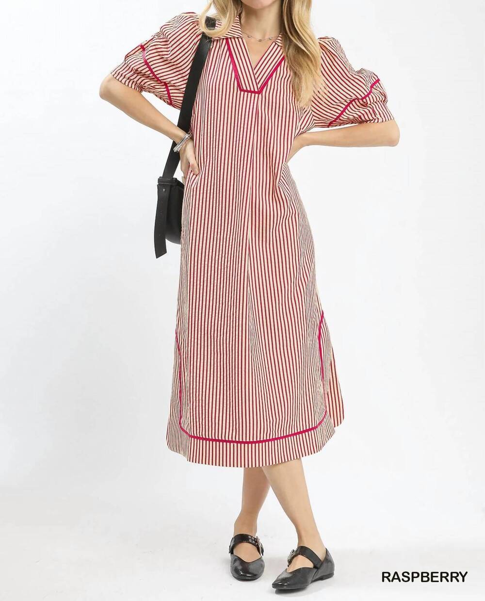 NEW UMGEE striped midi dress with puff sleeves in raspberry